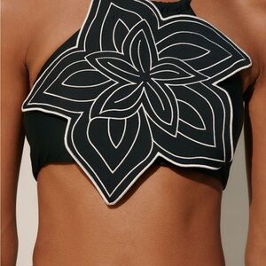 Women’s Black Floral Appliqué High-Neck Swim Top and bottoms